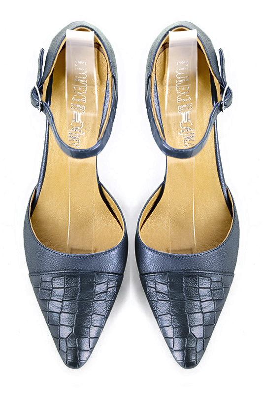 Denim blue women's open side shoes, with an instep strap. Tapered toe. High comma heels. Top view - Florence KOOIJMAN